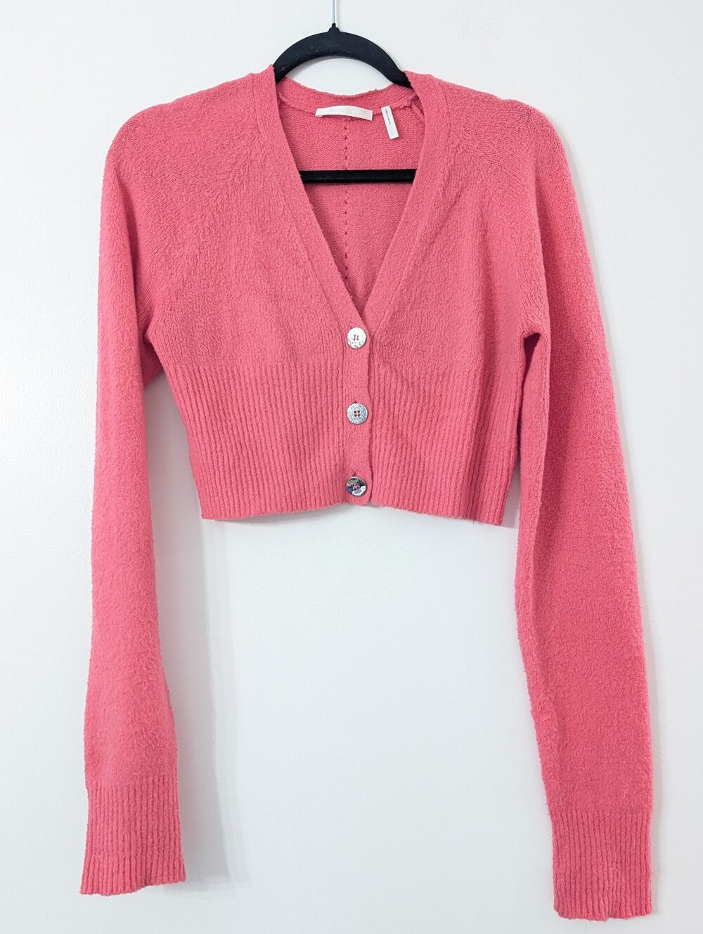 Helmut Lang Womens Bright Pink Ribbed Knit Cropped Cardigan Sweater Size M